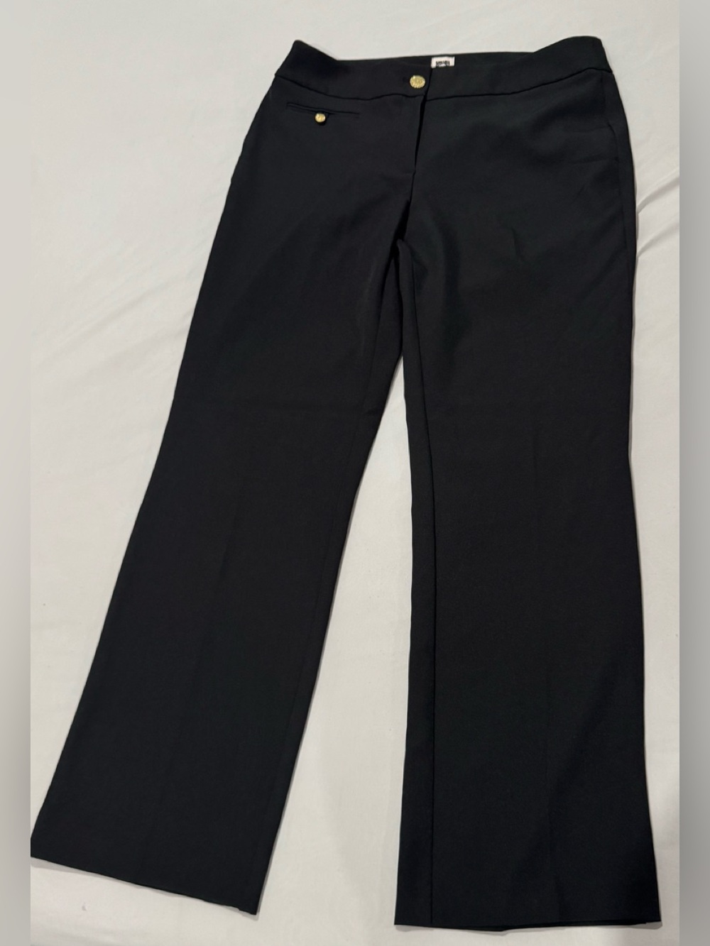 Anne Klein Black Stretch Straight-Leg Dress Pants with Gold Button